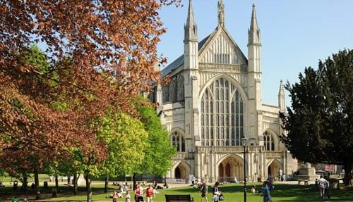 External of Winchester Cathedral on a sunny day